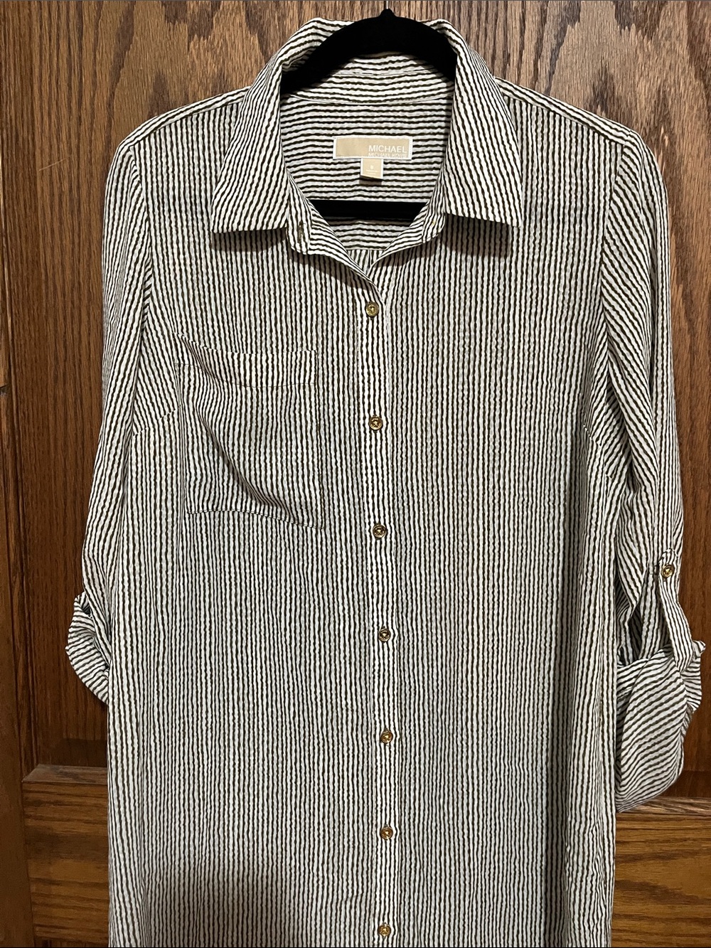 Michael Kors Brown& White Striped Button-Front Shirt Dress